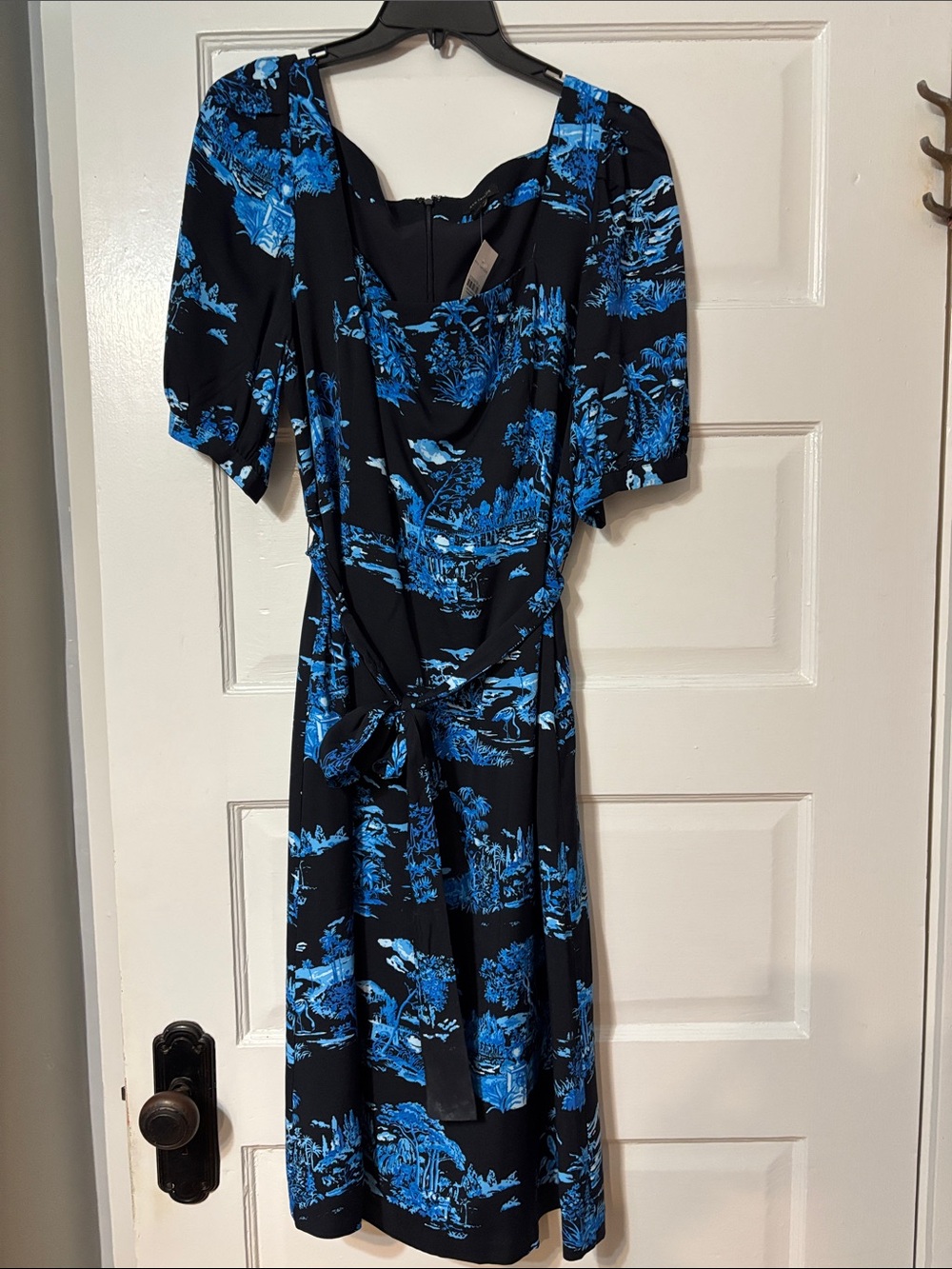 Ann Taylor Black Dress with Bright Blue Toile Print and Tie Waist